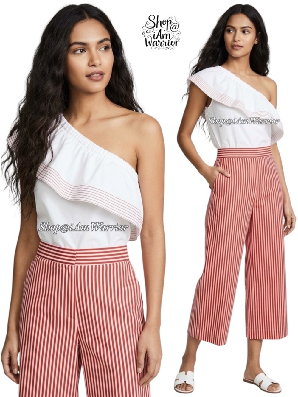 Farrow wide ruffle one shoulder embroidered striped top *shop@iamwarrior